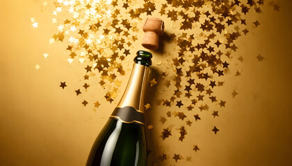 Fototapeta premium Popped Champagne Bottle with Golden Star Confetti Celebration Against a Gold Backdrop