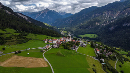 Aerial view of the mountain village in Switzerland