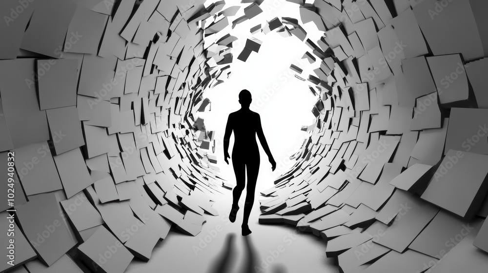 Poster silhouette of a person walking through a tunnel of floating papers, creating a surreal scene, ai