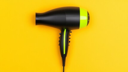 Black and green hair dryer isolated on a yellow background.