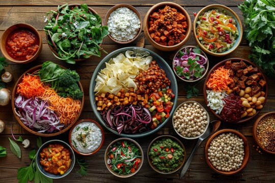 An array of mycoprotein-based meal options is beautifully spread out on a wooden dining table, showcasing the diversity of plant-based foods. 