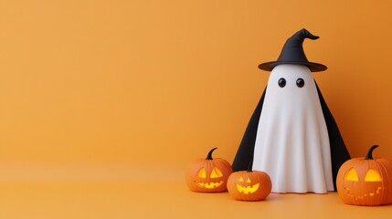 A cute ghost wearing a witch hat stands in front of three jack-o'-lanterns.