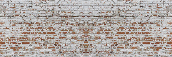 old brick wall, red and white colour, broken bricks, peeling plaster, vintage texture, background for banner, copy space