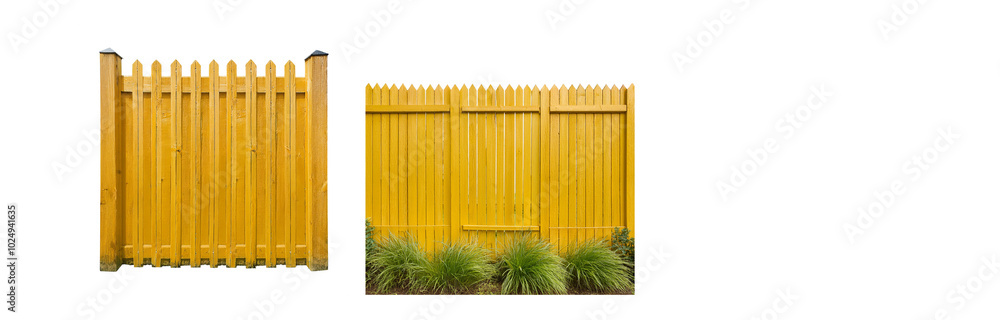 Poster a yellow wooden fence with pointed tops and a simple gate, surrounded by green grass.