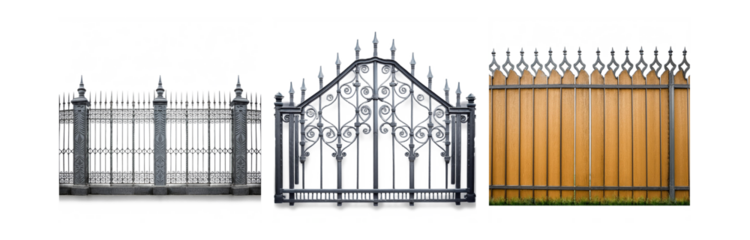 Three different styles of fences are displayed, showcasing metal and wood construction with ornamental details.
