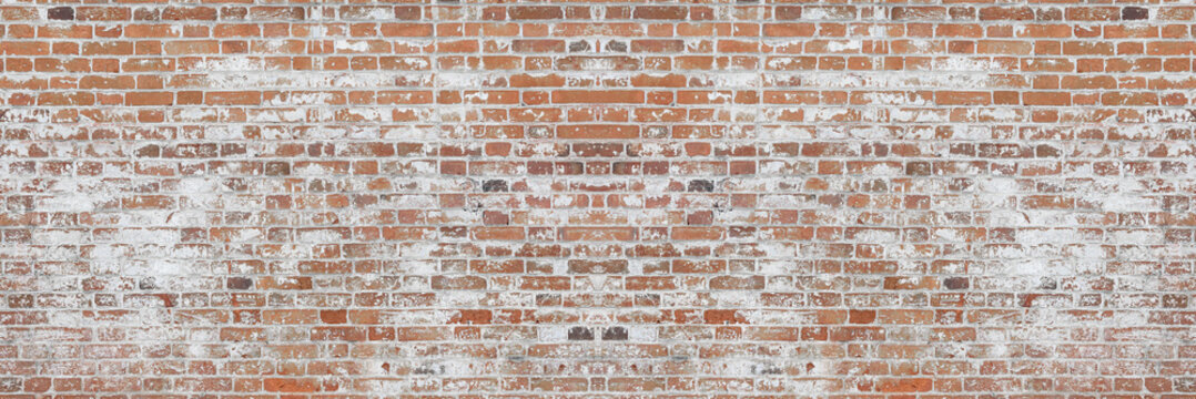 Fototapeta old brick wall, red and white colour, broken bricks, peeling plaster, vintage texture, background for banner, copy space