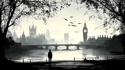 Silhouette by the river with iconic London skyline at dusk.
