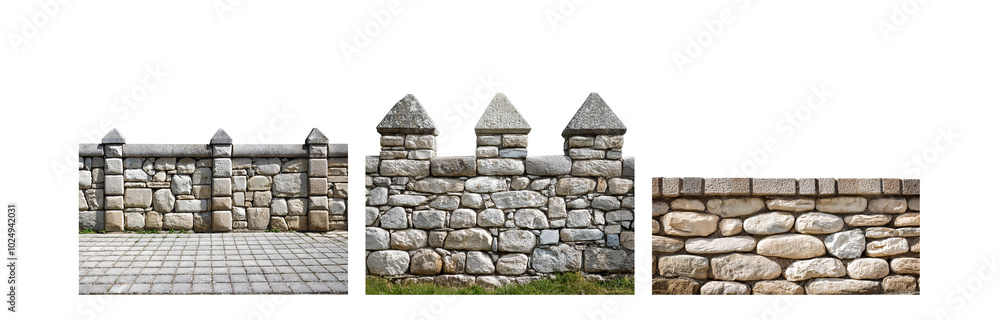Poster A stone wall with three pointy tops and a paved walkway in front.