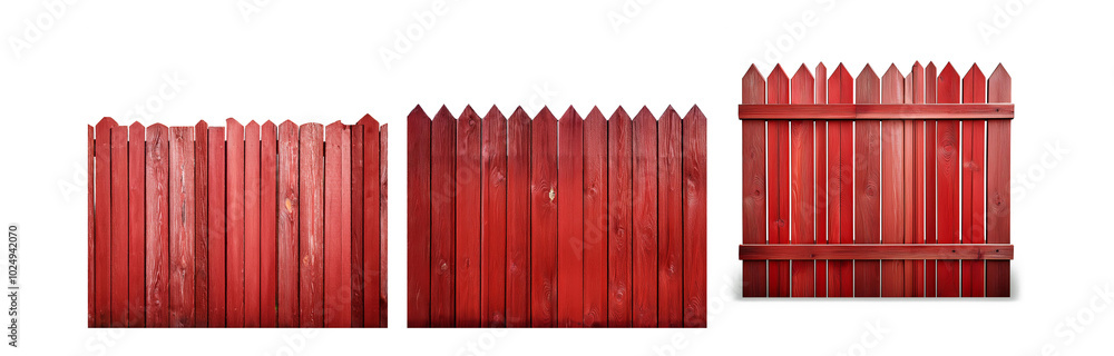 Poster two sections of a red wooden fence with pointed tops.