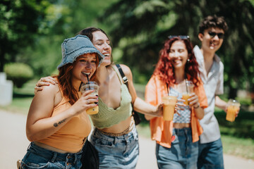 Group of young friends having fun together outdoors on a sunny day, enjoying refreshing drinks and sharing laughter in the park.