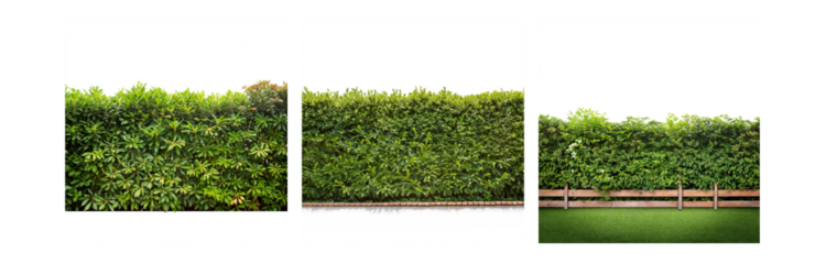 Three hedges, one behind a white wall and two behind a wooden fence, are shown against a white background. The fence is on top of a section of green grass.