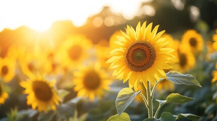 Obraz premium Sunlit Sunflower Field, vibrant blooms stretching towards the sun, embodying the warmth and joy of a bright summer day