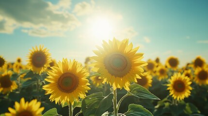 Obraz premium Sunlit Sunflower Field, vibrant blooms stretching toward the sky, embodying the warmth and joy of a perfect summer day