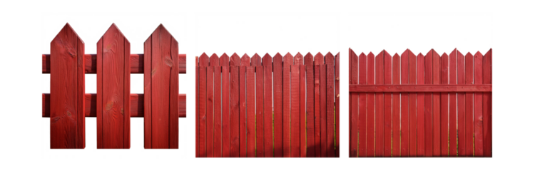 A red wooden fence with pointed tops against a white background.