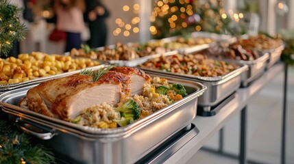 Obraz premium Festive buffet table with a variety of holiday dishes, including roasted turkey, AI