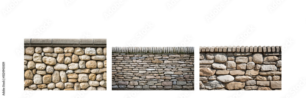 Poster three stone walls with varying size and shape stones, set against a white backdrop.
