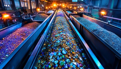 Obraz premium Conveyor belts under industrial lighting transport multicolored ores, showcasing vibrant colors in a mining facility.