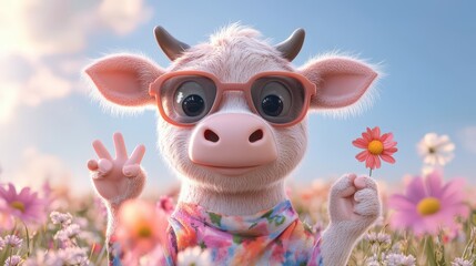 cute cartoon cow in colorful field