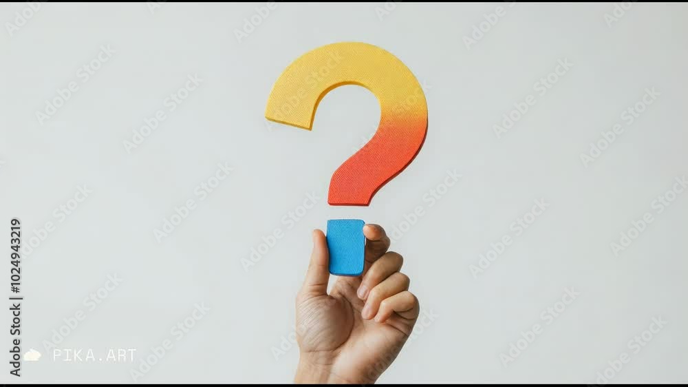 Aufkleber hand holds a blue piece with a large question mark in the background, symbolizing seeking help and a