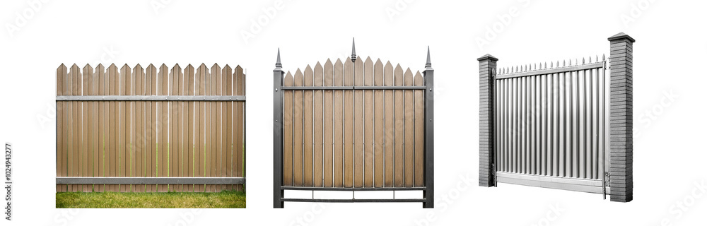 Poster three different styles of fences, two with wood slats and one with metal slats. all with pointed top