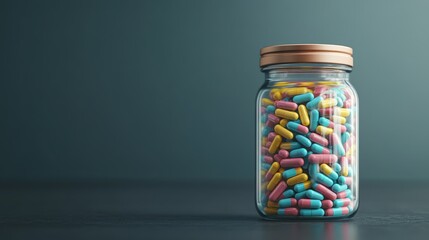 Glass jar full of colorful pills on dark background.