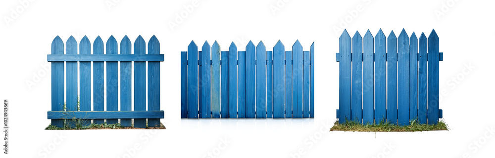 Poster three sections of a blue wooden fence with pointed tops are isolated on a white background.