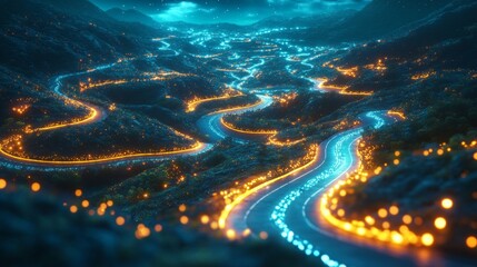 Futuristic Cityscape with Glowing Pathways, vibrant urban landscape, illuminated streets, advanced architecture, enchanting night scene