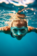 Naklejka premium Graceful Female Swimmer Navigates the Tranquil Underwater Ocean Realm