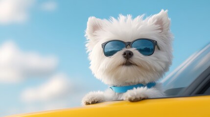 Cute dog wearing sunglasses on car window