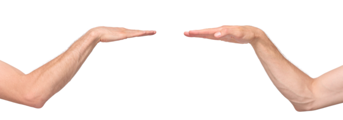 Two sides of male arm bent at the elbow with the palm facing down, as a sign of measuring height, isolated on transparent background, png file	
