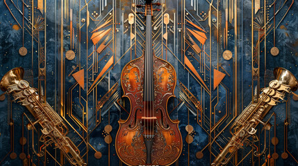 A luxurious flyer showcasing shimmering beadwork from 1920s dresses and elegant feathered headbands. Jazz instruments and musical notes are subtly integrated into a bold art deco geometric background.