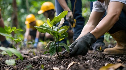 Community planting trees for environmental restoration
