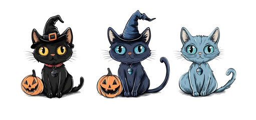 three set of cute Halloween cat isolated transparent background
