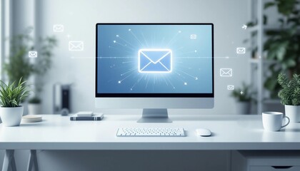 Fototapeta premium Digital Email Icon on Desktop Screen in a Modern Office 