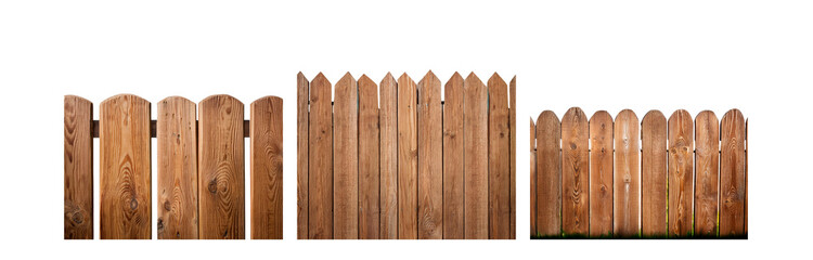 A wooden fence with varying top designs against a white background.