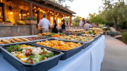 A buffet table laden with diverse dishes at an outdoor event, with guests mingling nearby, AI
