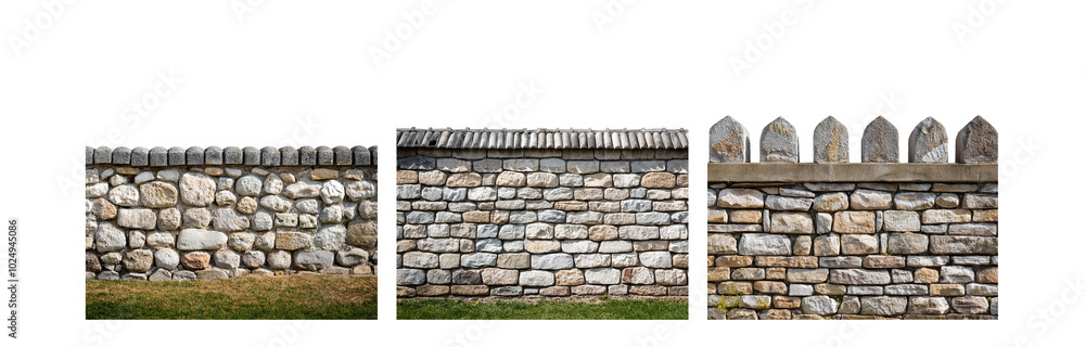 Poster three different stone wall sections, each with unique capstone design, with green grass at the botto
