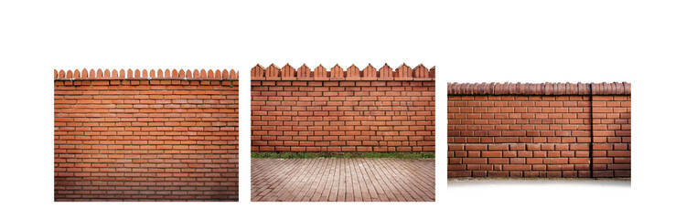 Obraz premium Three brick walls with different top edges against a white background.