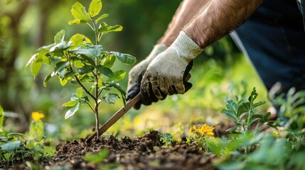 Obraz premium Planting a young tree in a vibrant garden