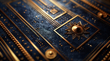 Naklejka premium A sleek and minimalistic flyer with sharp geometric art deco patterns in gold and navy blue. 