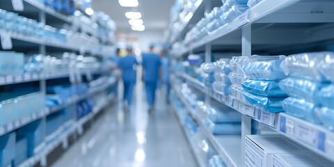 Fototapeta premium Rows of Large Hospital Shelving Units Containing Medical Supplies | Efficient Organisation for Healthcare Facilities