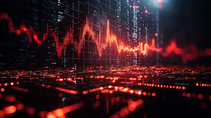 A red line graph representing stock market fluctuations, displayed on a dark background with a blurred cityscape in the foreground.