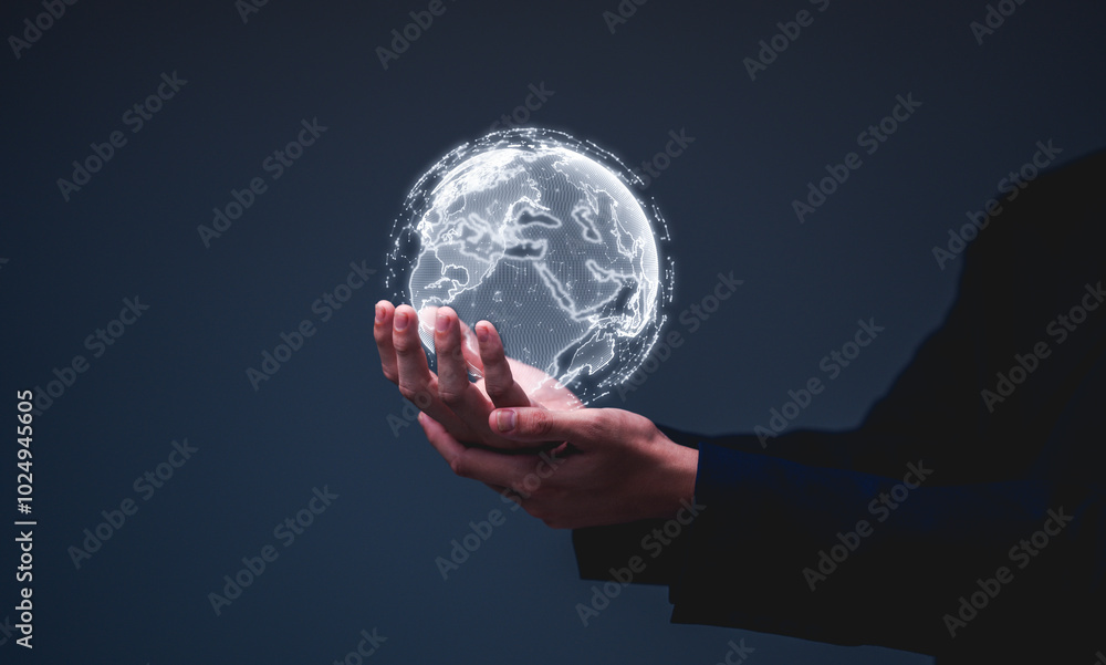 Poster a businessman holds a global network connection, symbolizing the power of big data analytics and bus