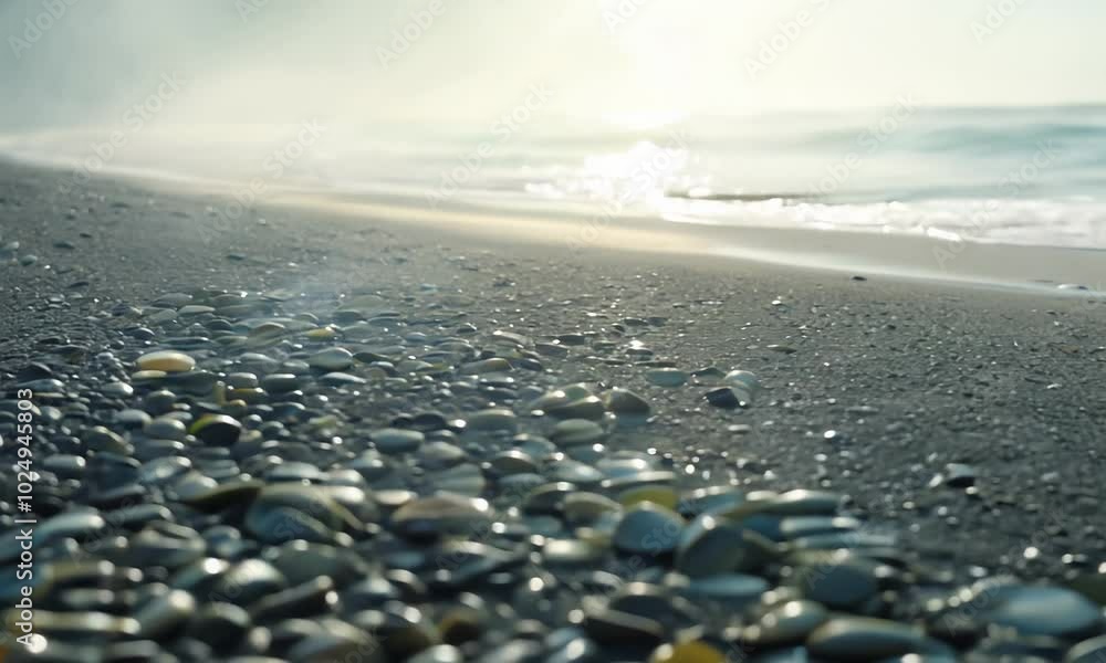 Poster close up of a pebble beach with the ocean and a hazy sky in the background