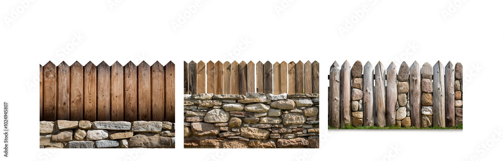 Poster A wooden fence with stone accents, three sections with differing styles.