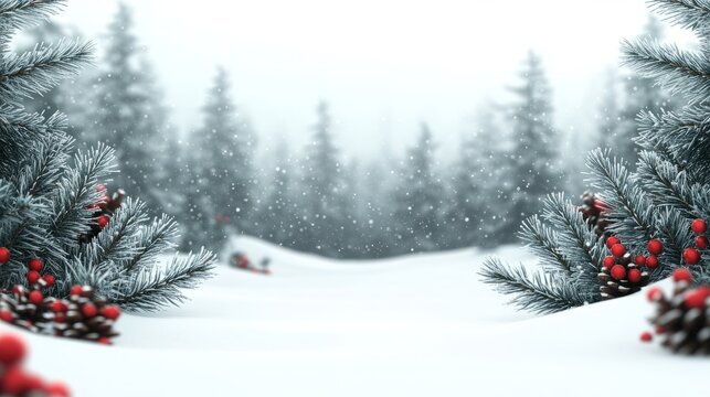 A snowy winter forest with pine branches and red berries in the foreground, a snowy landscape with a light snowfall.