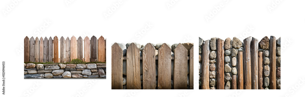 Poster three different variations of wooden fences with stones at the bottom.