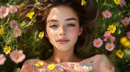 A serene portrait of a young woman surrounded by wildflowers.