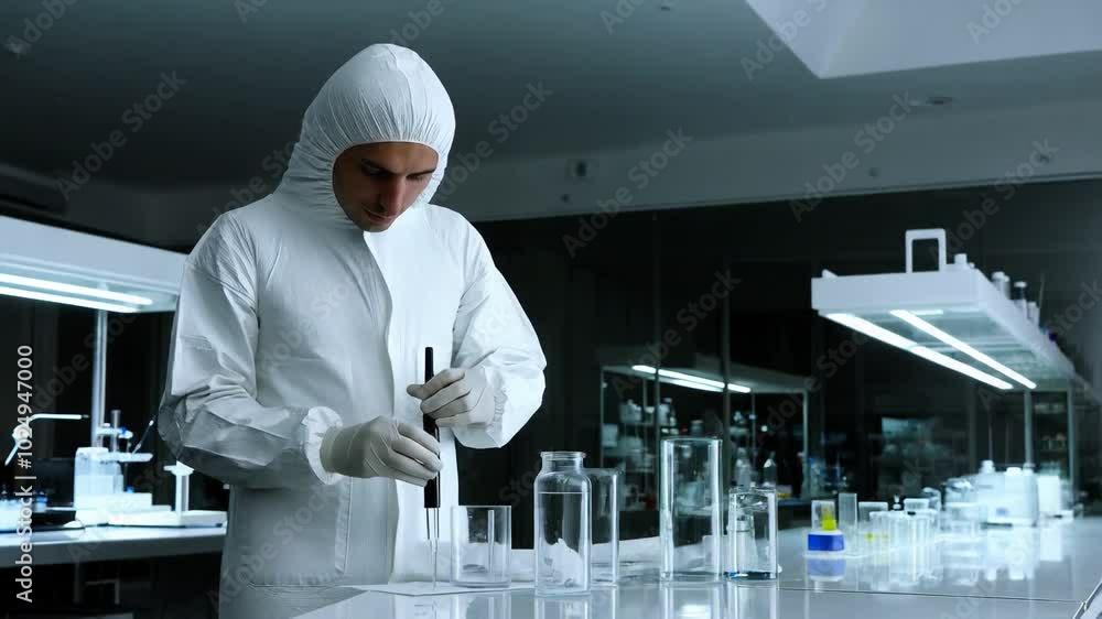 Poster scientist in protective suit conducts sterile experiments in modern laboratory, handling glassware a
