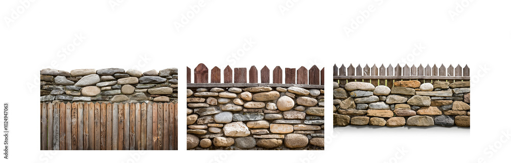 Poster A fence is made of stone and wood, the stone section has rocks of different sizes and colors, the wood sections have different grain patterns.